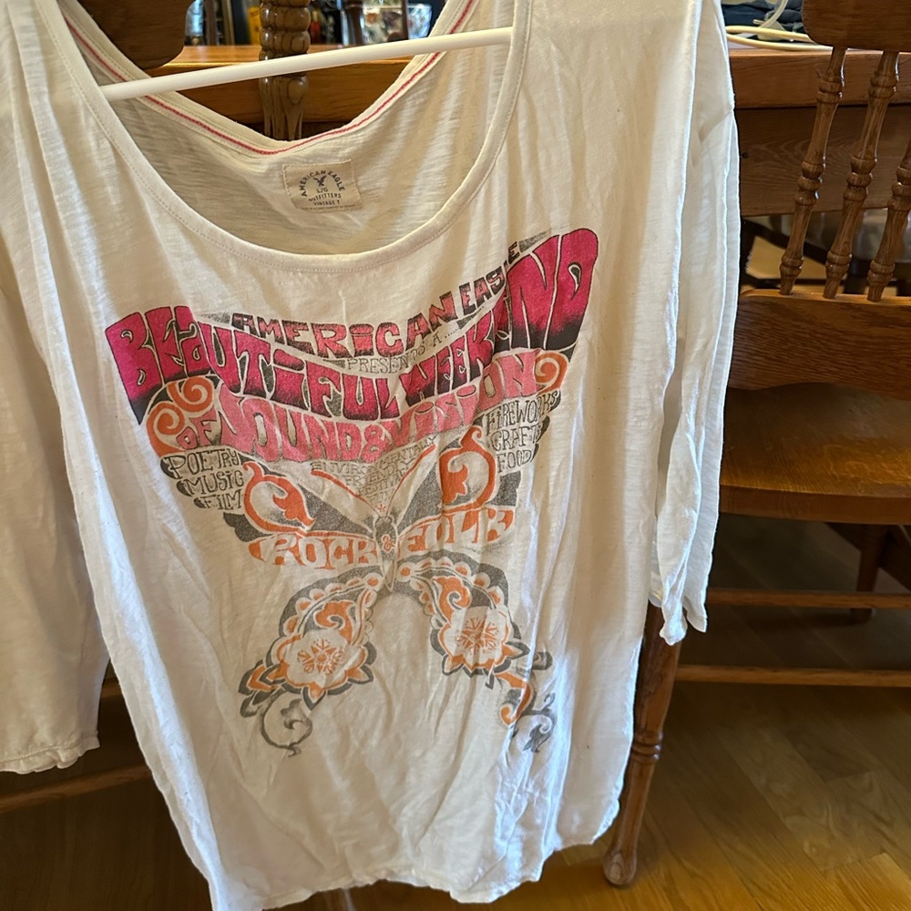 White Graphic T-Shirt with Pink and Orange Design